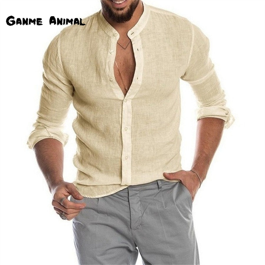 Camisa de lino casual de manga larga de moda para hombre