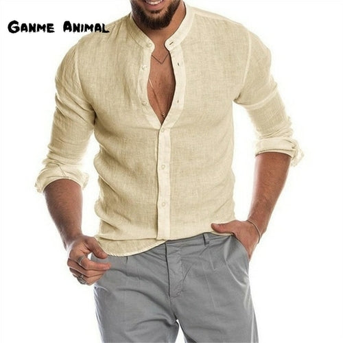 Camisa de lino casual de manga larga de moda para hombre