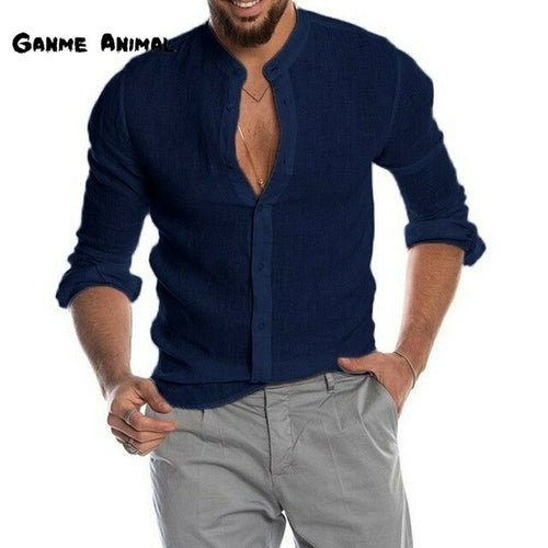 Camisa de lino casual de manga larga de moda para hombre