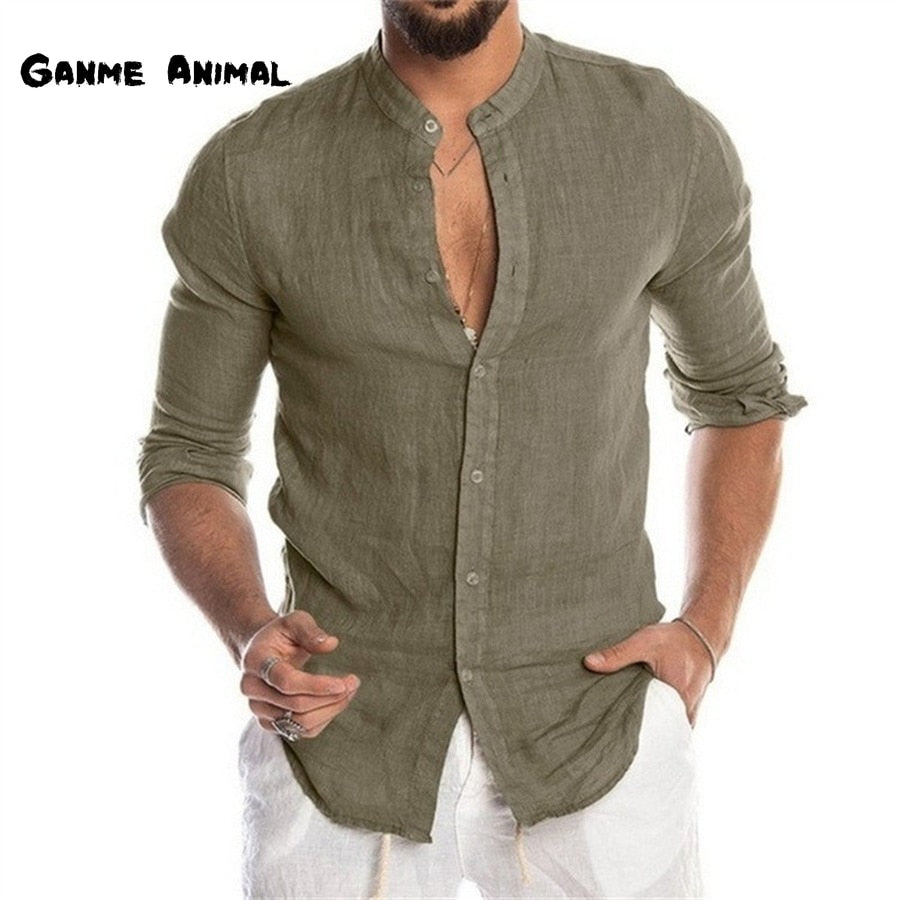 Camisa de lino casual de manga larga de moda para hombre
