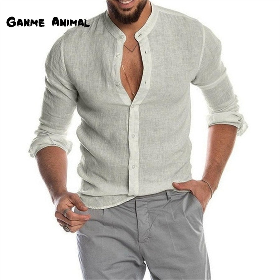 Camisa de lino casual de manga larga de moda para hombre