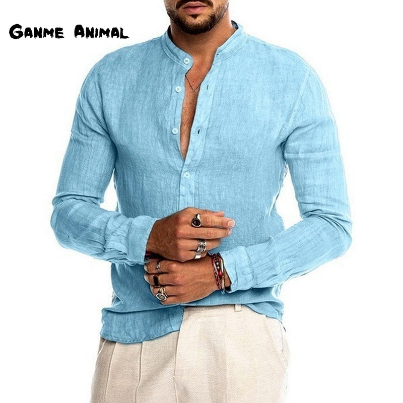 Camisa de lino casual de manga larga de moda para hombre