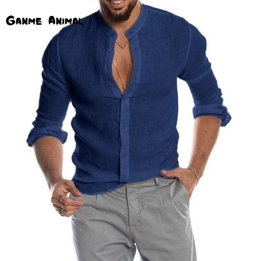 Camisa de lino casual de manga larga de moda para hombre