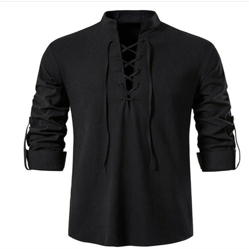 Men's V neck shirt Fashion Vintage Thin Long Sleeve