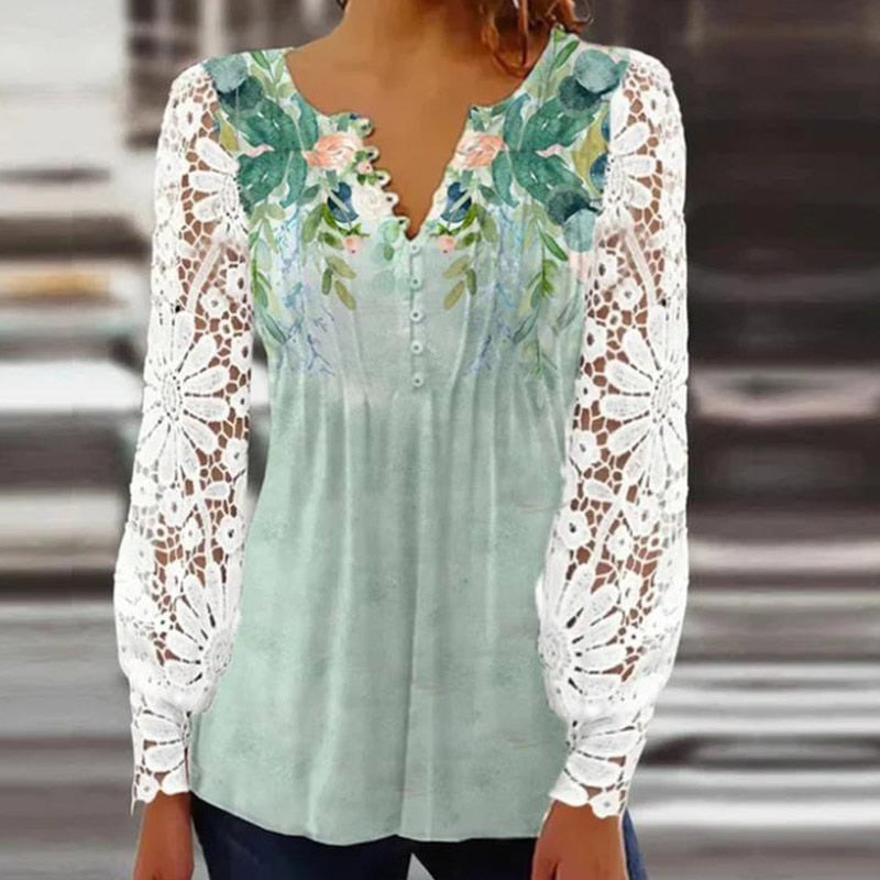 Women Casual Vintage Button V Neck Embroidery Shirt