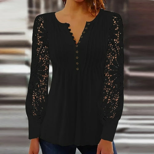 Women Casual Vintage Button V Neck Embroidery Shirt