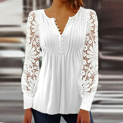 Women Casual Vintage Button V Neck Embroidery Shirt