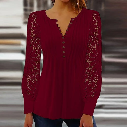 Women Casual Vintage Button V Neck Embroidery Shirt