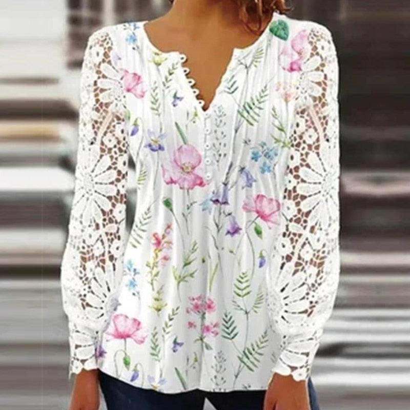Women Casual Vintage Button V Neck Embroidery Shirt