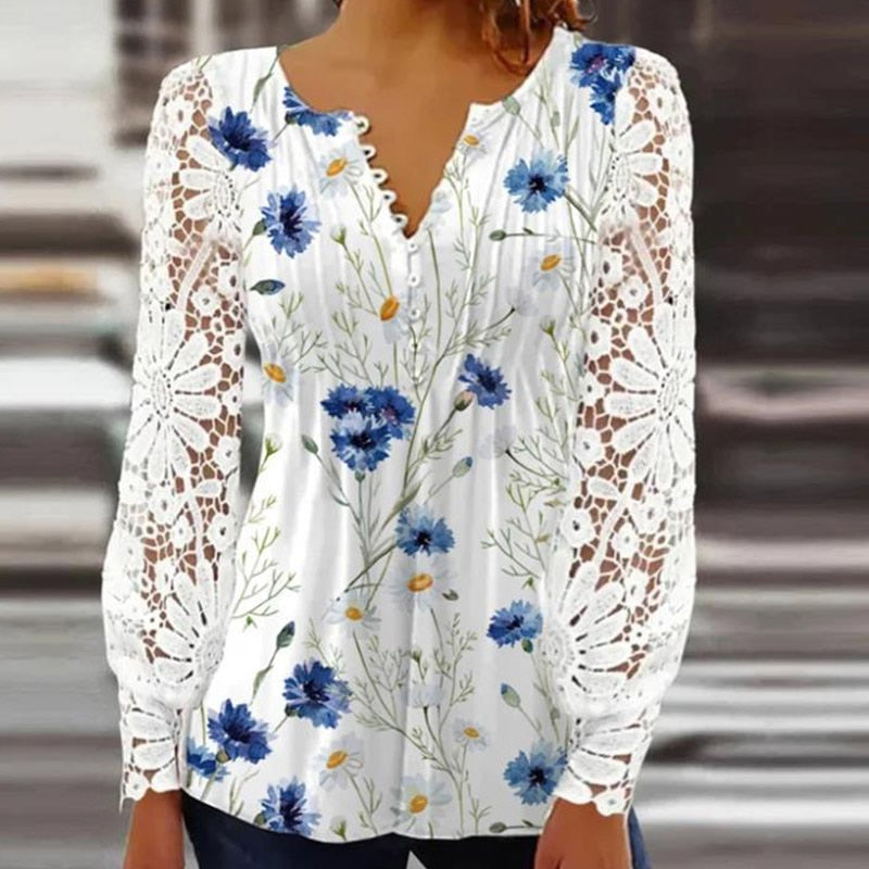 Women Casual Vintage Button V Neck Embroidery Shirt