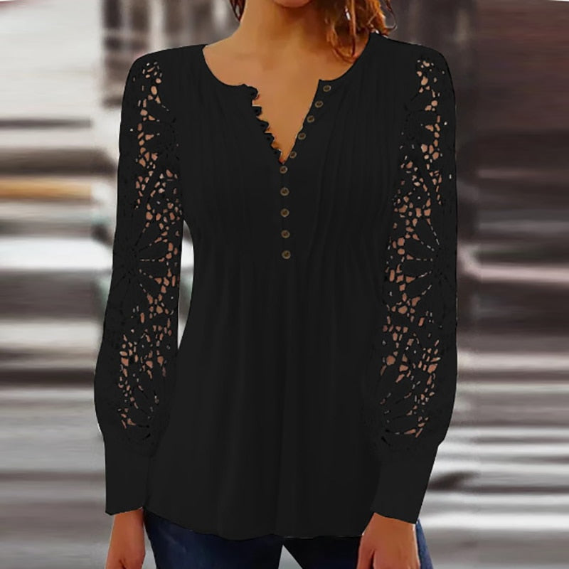 Women Casual Vintage Button V Neck Embroidery Shirt