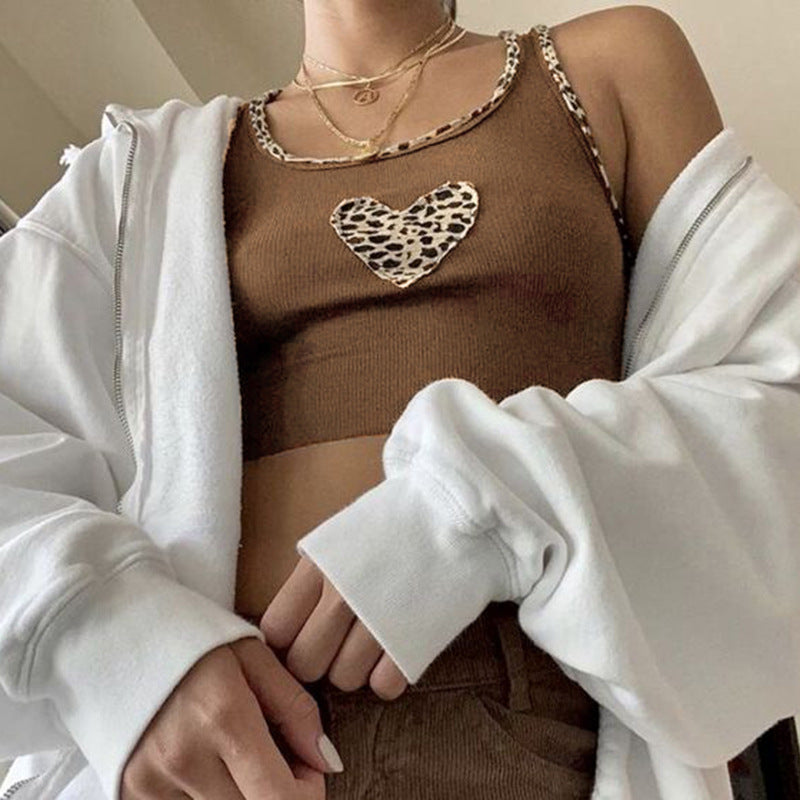 Patchwork Brown Cute Women Leopard Heart Débardeur 