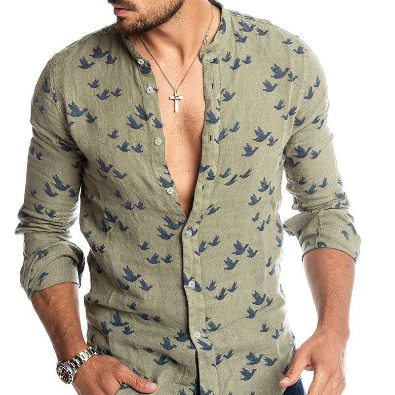 Camisa con cuello alzado de lino estampado en 3D con bloques de colores