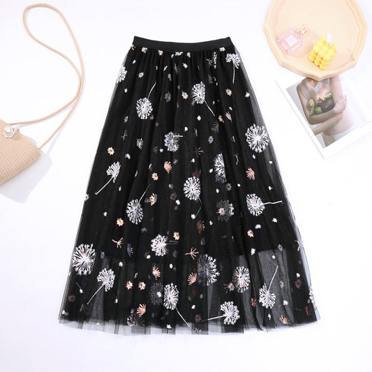 Pleated tulle skirt skirt dandelion embroidered long skirt