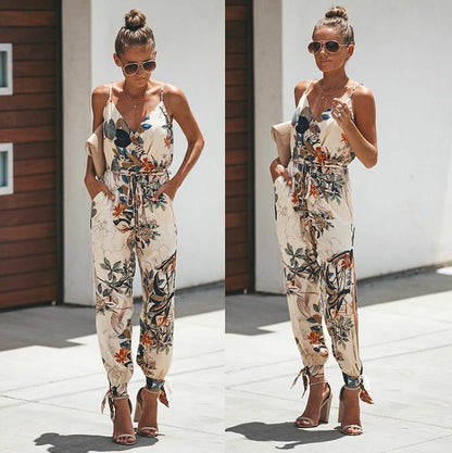 Printed Backless Tether pocket Sling V-neck Jumpsuit