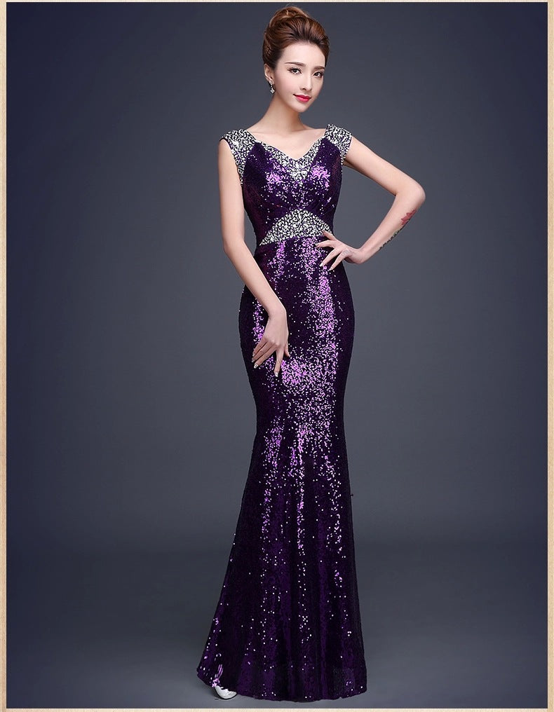 New spring and Korean long banquet winter evening dress ladies wine suit bride fashion host dress female