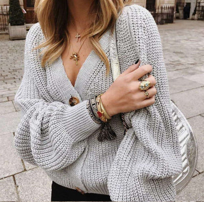 women's solid color V-neck button sweater