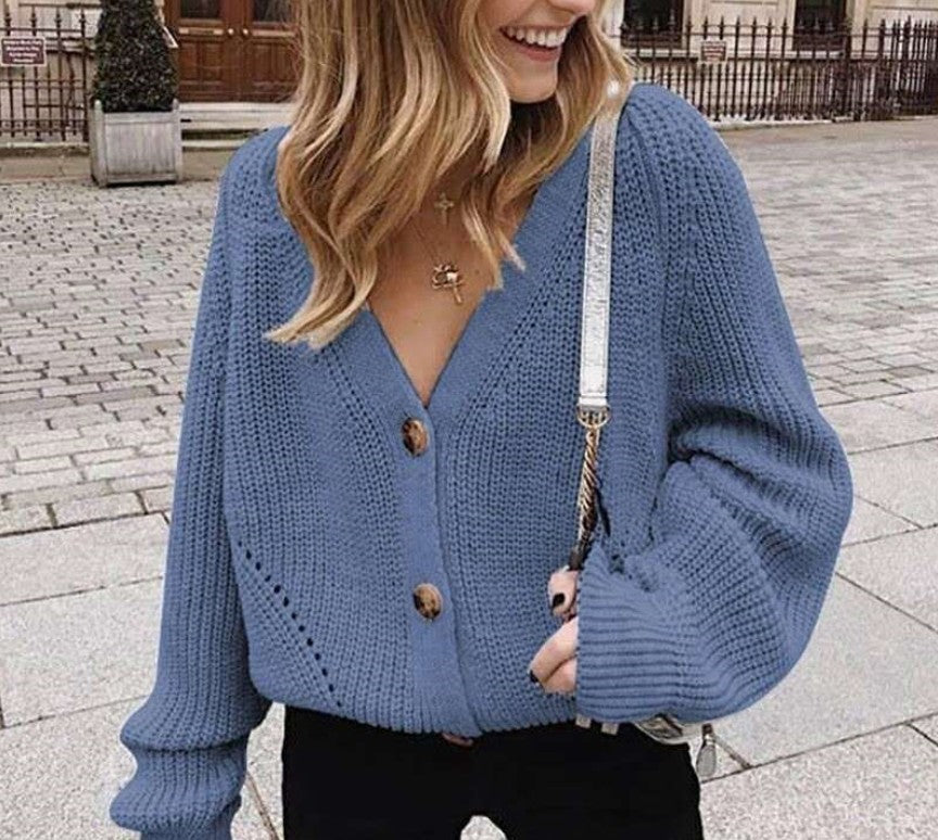 women's solid color V-neck button sweater