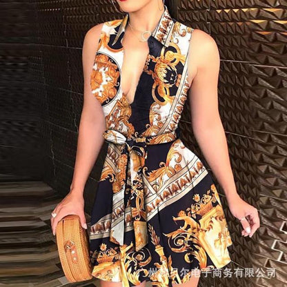 V-Neck Strap Fashion Print Dress