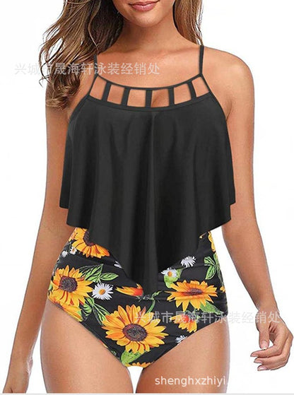 Tankini Taille Haute Imprimé Tournesols à Volants 