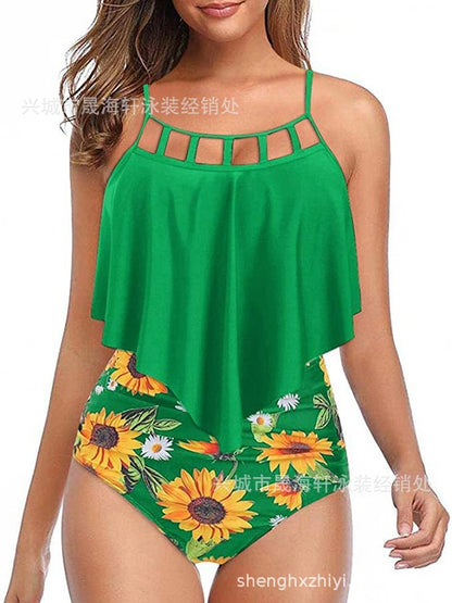 Tankini Taille Haute Imprimé Tournesols à Volants 