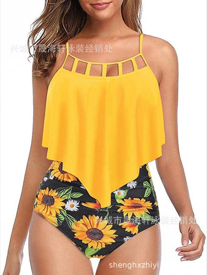 Tankini Taille Haute Imprimé Tournesols à Volants 