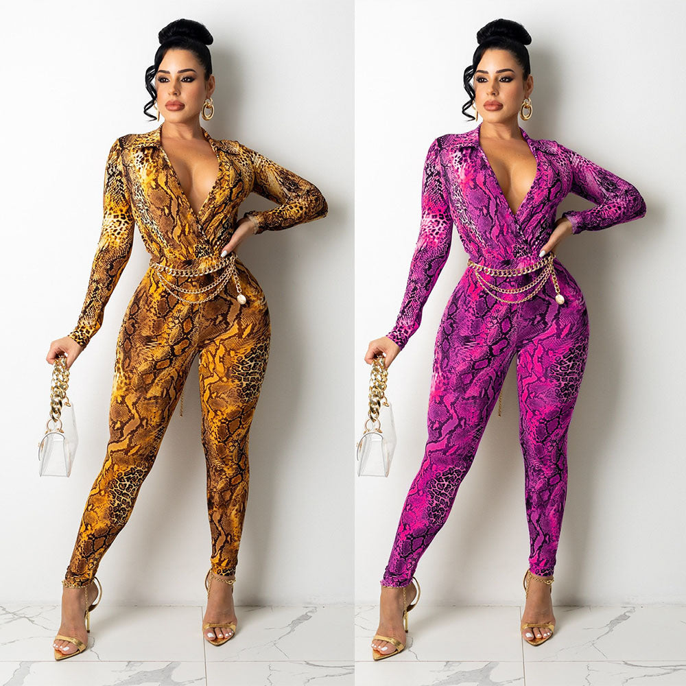 Snake Print Digital Print Long-Sleeved Skinny Jumpsuit