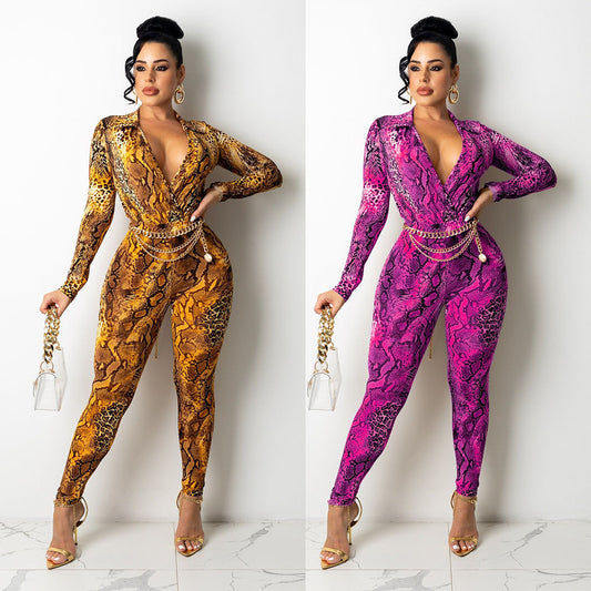 Snake Print Digital Print Long-Sleeved Skinny Jumpsuit