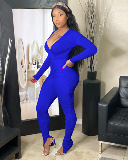 Women's Solid Color V-neck Long Sleeve Fashion Stacked Split Side Jumpsuit