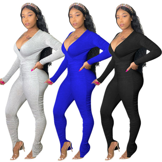 Women's Solid Color V-neck Long Sleeve Fashion Stacked Split Side Jumpsuit