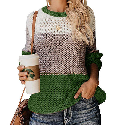 Women Thick Line Color Matching Pullover Sweater