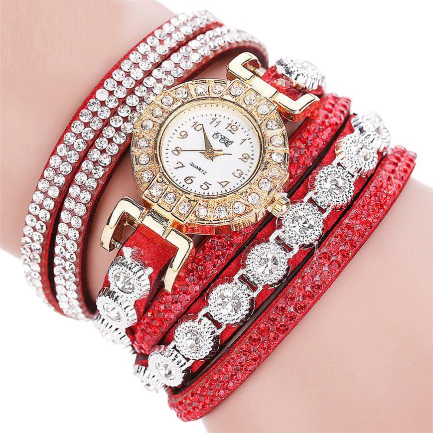 Relogio Women Quartz  PU Leather Rhinestone Watch Bracelet