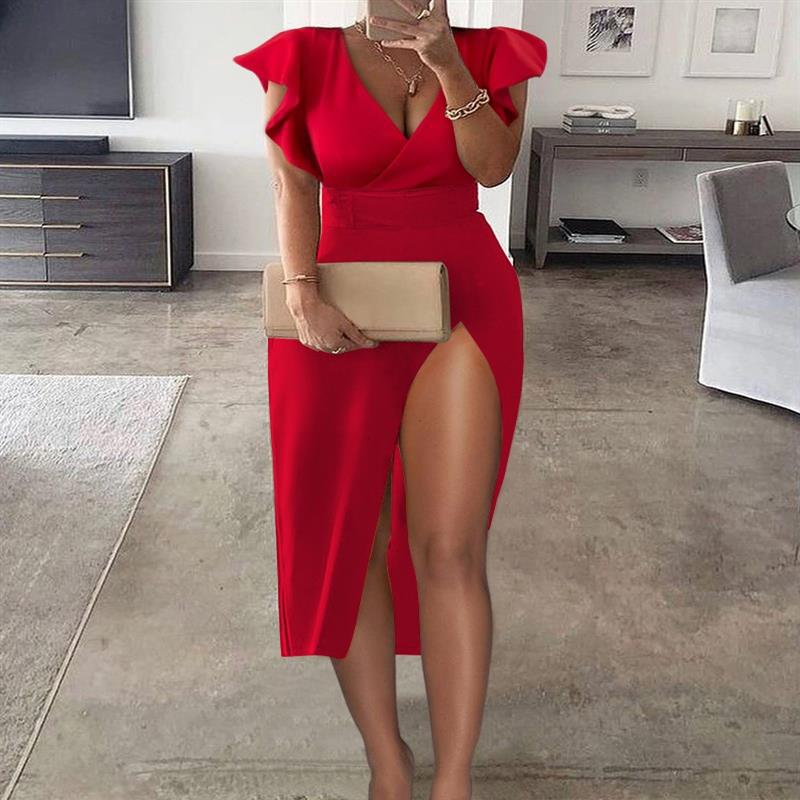 Women Deep V High Slit Party Dress