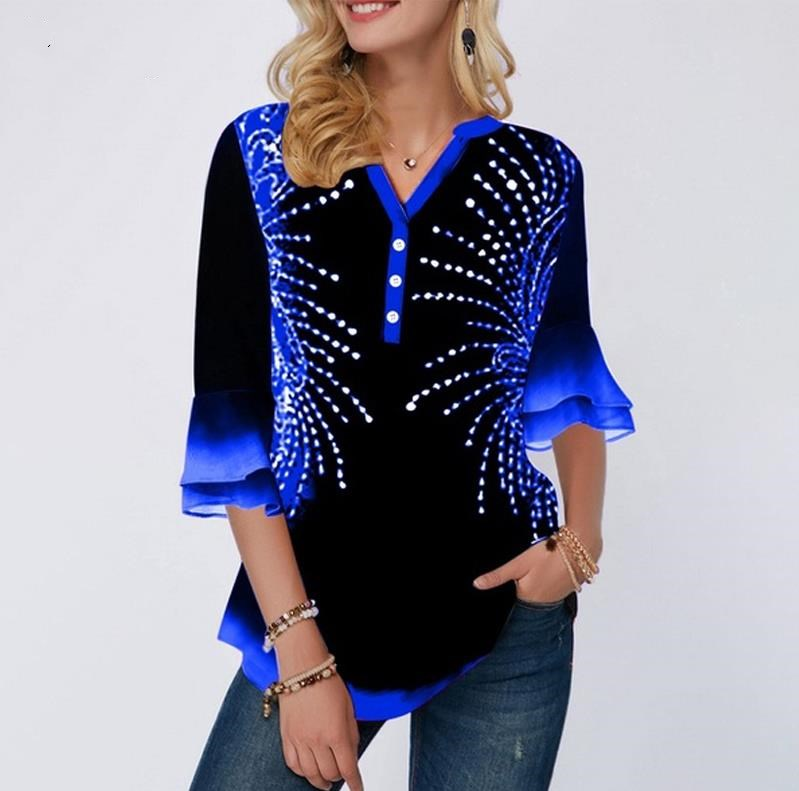 V-neck Print Flared Sleeve Chiffon Top