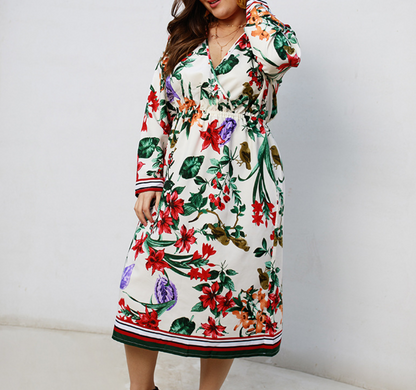 Printed Long Sleeved V-neck Dress