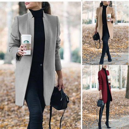 Fashion Solid Color Stand Collar Woolen Coat