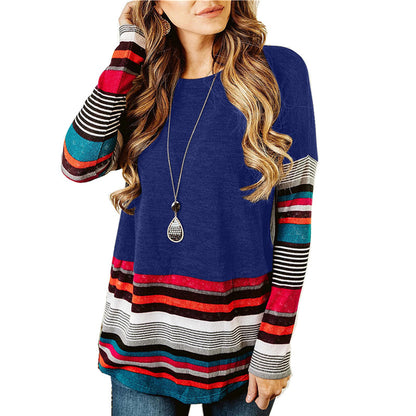 Long sleeve striped round neck T-shirt sweatshirt