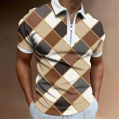 POLO Lapel Casual Short Khaki Striped T-Shirt