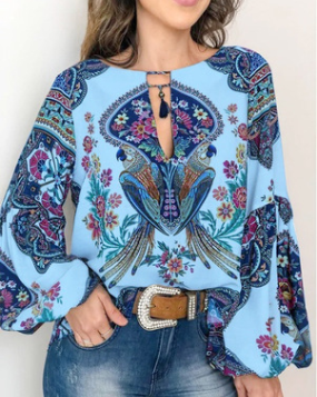 Camisa de manga farol con cuello redondo