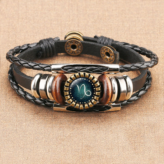 Fashion Zodiac Time Gem Leather Bracelet