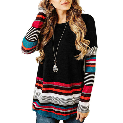 Long sleeve striped round neck T-shirt sweatshirt