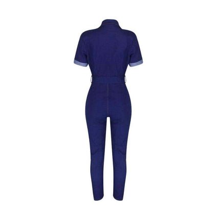 Women Denim Jeans Jumpsuit Long Sleeve Tights Belt