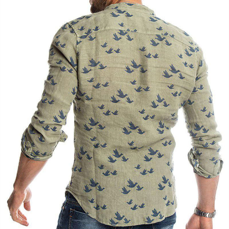 Camisa con cuello alzado de lino estampado en 3D con bloques de colores