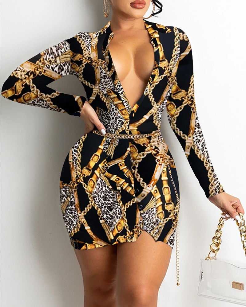 Printed V-neck Long-sleeved Midi Dress