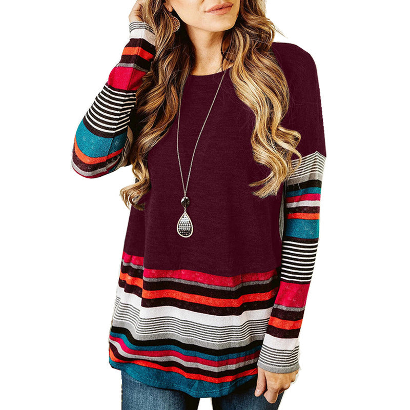 Long sleeve striped round neck T-shirt sweatshirt