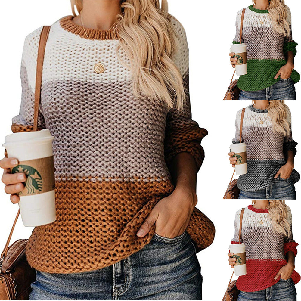 Women Thick Line Color Matching Pullover Sweater