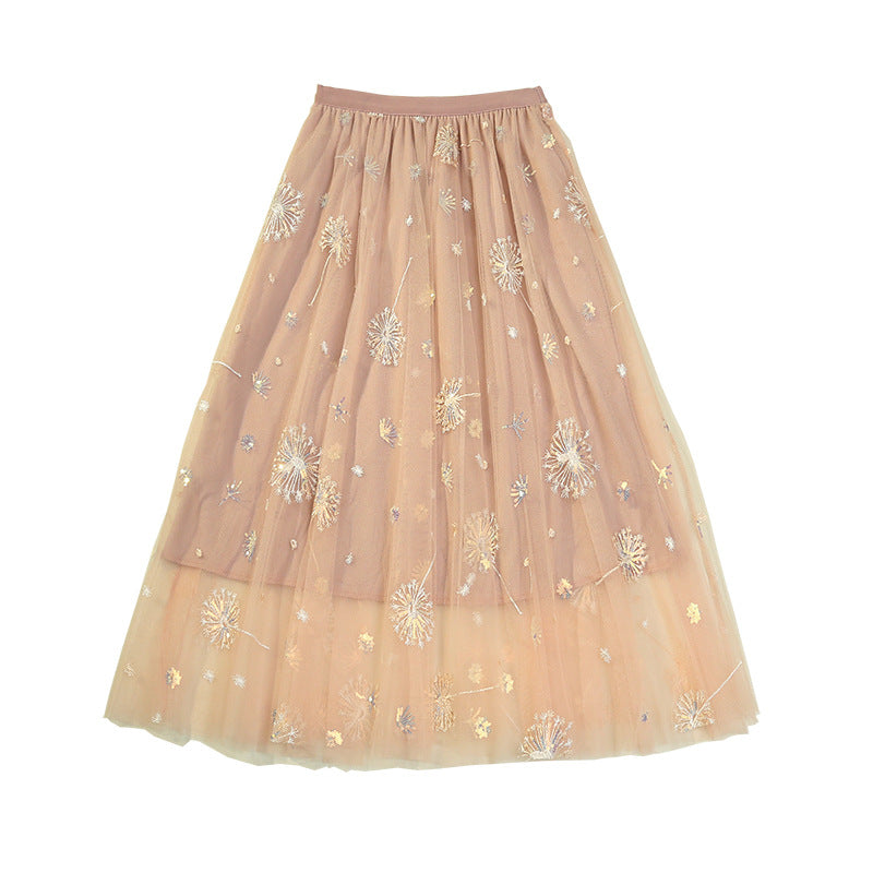 Pleated tulle skirt skirt dandelion embroidered long skirt