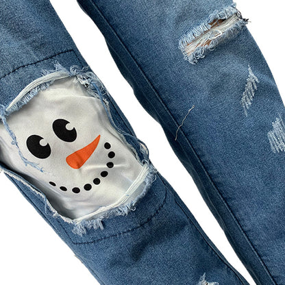 Vaqueros elásticos de denim rotos con estampado divertido de Halloween