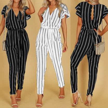 V-neck halter Elegant Striped Jumpsuit