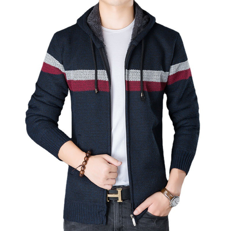 Men's Knitted Sweater Fleece Thick Hooded Casual Sweater Warm Jacket